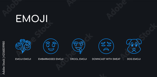 5 outline stroke blue dog emoji, downcast with sweat emoji, drool emoji, embarrassed icons from collection on black background. line editable linear thin icons.
