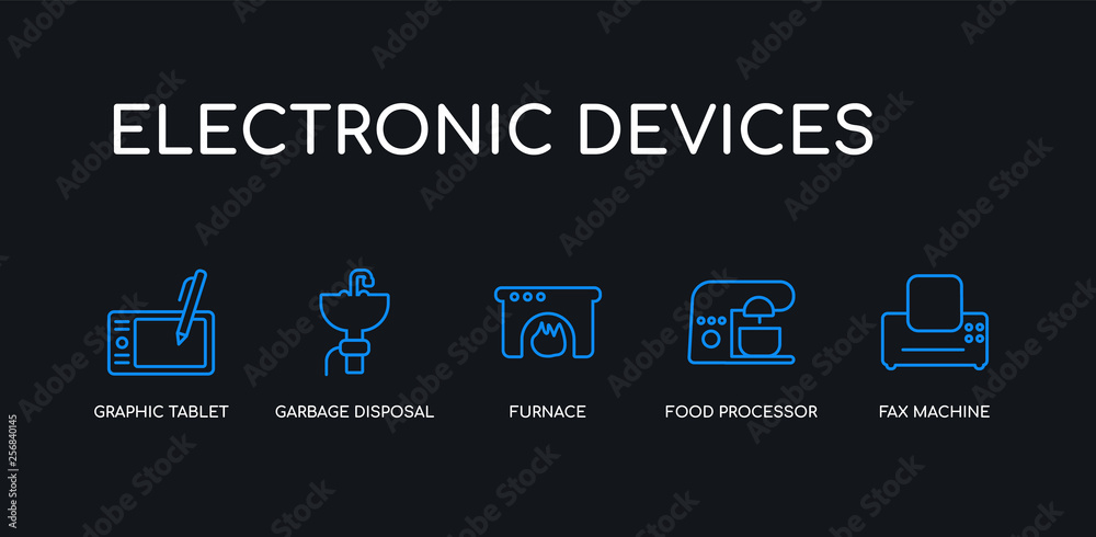 5 outline stroke blue fax machine, food processor, furnace, garbage disposal, graphic tablet icons from electronic devices collection on black background. line editable linear thin icons. 5 outline stroke blue fax machine, food processor, furnace, garbage disposal, graphic tablet icons from electronic devices collection on black background. line editable linear thin icons.