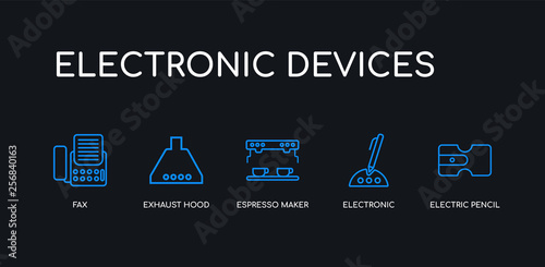 5 outline stroke blue electric pencil sharpener, electronic, espresso maker, exhaust hood, fax icons from electronic devices collection on black background. line editable linear thin icons.