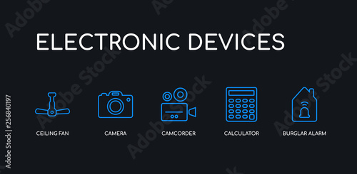 5 outline stroke blue burglar alarm, calculator, camcorder, camera, ceiling fan icons from electronic devices collection on black background. line editable linear thin icons.