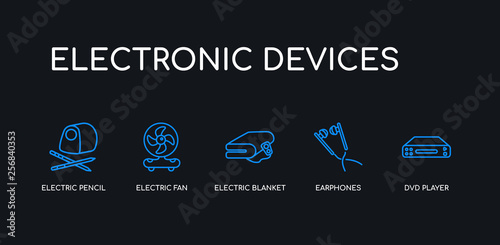 5 outline stroke blue dvd player, earphones, electric blanket, electric fan, electric pencil sharpener icons from electronic devices collection on black background. line editable linear thin icons.