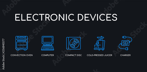 5 outline stroke blue charger, cold-pressed juicer, compact disc, computer, convection oven icons from electronic devices collection on black background. line editable linear thin icons.