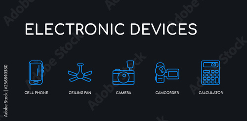 5 outline stroke blue calculator, camcorder, camera, ceiling fan, cell phone icons from electronic devices collection on black background. line editable linear thin icons.
