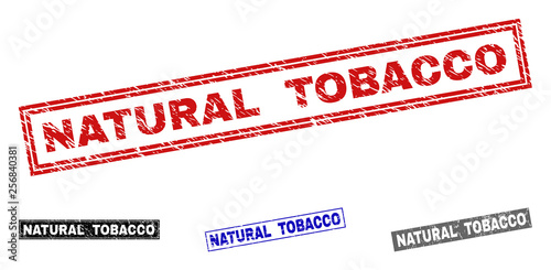 Grunge NATURAL TOBACCO rectangle stamp seals isolated on a white background. Rectangular seals with grunge texture in red, blue, black and grey colors.