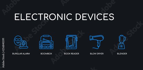 5 outline stroke blue blender, blow dryer, book reader, boombox, burglar alarm icons from electronic devices collection on black background. line editable linear thin icons.