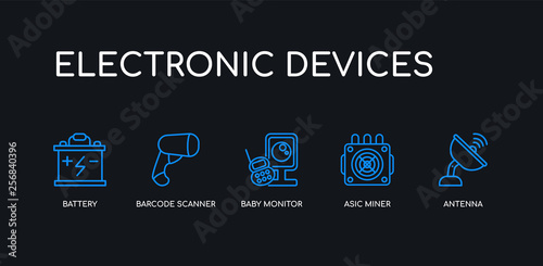 5 outline stroke blue antenna, asic miner, baby monitor, barcode scanner, battery icons from electronic devices collection on black background. line editable linear thin icons.