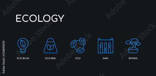 5 outline stroke blue bonsai, dam, eco, eco bag, eco bulb icons from ecology collection on black background. line editable linear thin icons.