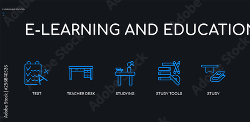 5 outline stroke blue study  study tools  studying  teacher desk  test icons from e-learning and education collection on black background. line editable linear thin icons.