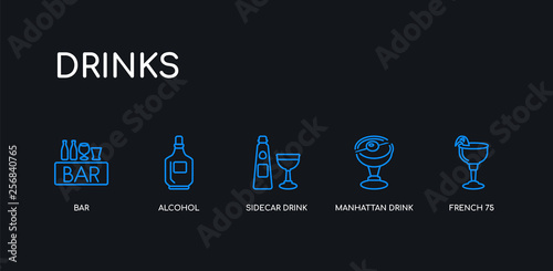 5 outline stroke blue french 75, manhattan drink, sidecar drink, alcohol, bar icons from drinks collection on black background. line editable linear thin icons.
