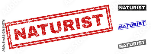 Grunge NATURIST rectangle stamp seals isolated on a white background. Rectangular seals with distress texture in red, blue, black and grey colors.