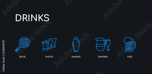 5 outline stroke blue pub, sangria, shaker, shots, sieve icons from drinks collection on black background. line editable linear thin icons.