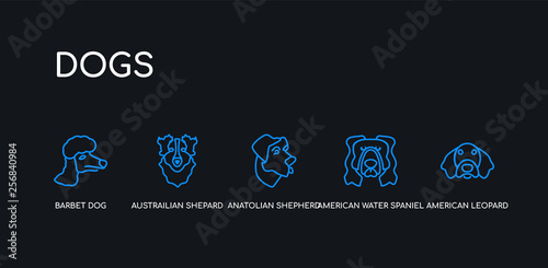 5 outline stroke blue american leopard hound dog, american water spaniel dog, anatolian shepherd dog austrailian shepard barbet icons from dogs collection on black background. line editable linear