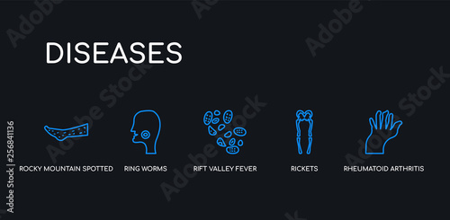 5 outline stroke blue rheumatoid arthritis, rickets, rift valley fever, ring worms, rocky mountain spotted fever icons from diseases collection on black background. line editable linear thin icons.