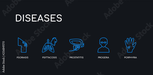 5 outline stroke blue porphyria, progeria, prostatitis, psittacosis, psoriasis icons from diseases collection on black background. line editable linear thin icons.