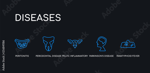 5 outline stroke blue paratyphoid fever, parkinson's disease, pelvic inflammatory disease, periodontal disease, peritonitis icons from diseases collection on black background. line editable linear