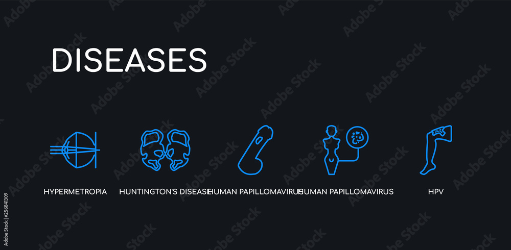 5 outline stroke blue hpv, human papillomavirus, human papillomavirus (hpv), huntington's disease, hypermetropia icons from diseases collection on black background. line editable linear thin icons. 5 outline stroke blue hpv, human papillomavirus, human papillomavirus (hpv), huntington's disease, hypermetropia icons from diseases collection on black background. line editable linear thin icons.