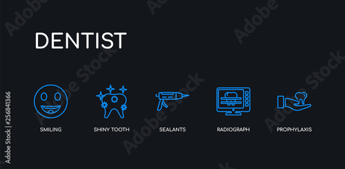 5 outline stroke blue prophylaxis, radiograph, sealants, shiny tooth, smiling icons from dentist collection on black background. line editable linear thin icons.