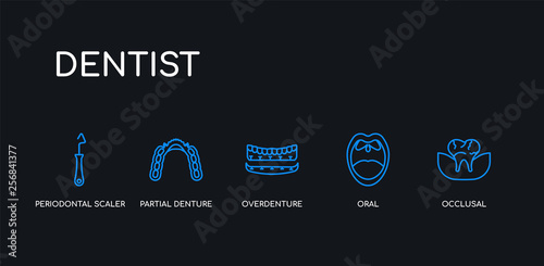 5 outline stroke blue occlusal, oral, overdenture, partial denture, periodontal scaler icons from dentist collection on black background. line editable linear thin icons.