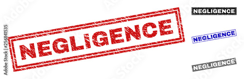 Grunge NEGLIGENCE rectangle stamp seals isolated on a white background. Rectangular seals with grunge texture in red, blue, black and grey colors.