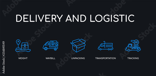 5 outline stroke blue tracking, transportation, unpacking, waybill, weight icons from delivery and logistic collection on black background. line editable linear thin icons.