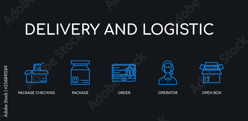 5 outline stroke blue open box, operator, order, package, package checking icons from delivery and logistic collection on black background. line editable linear thin icons.