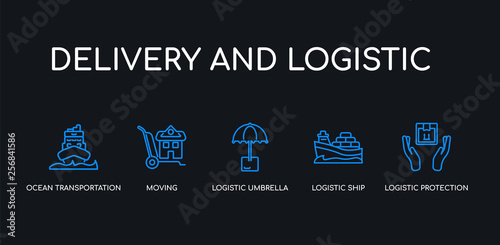 5 outline stroke blue logistic protection, logistic ship, logistic umbrella, moving, ocean transportation icons from delivery and collection on black background. line editable linear thin icons.