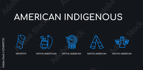 5 outline stroke blue native american totem, native american wigwam, native american drum, amertican arrows and quiver, nefertiti icons from indigenous collection on black background. line editable