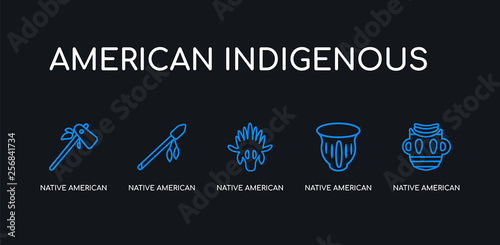 5 outline stroke blue native american mask, native american pot, native american skull, spear, tomahawk icons from indigenous collection on black background. line editable linear thin icons.