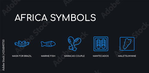 5 outline stroke blue maletsunyane, mantecados, maracas couple, marine fish, mask for brazil carnival celebration icons from africa symbols collection on black background. line editable linear thin