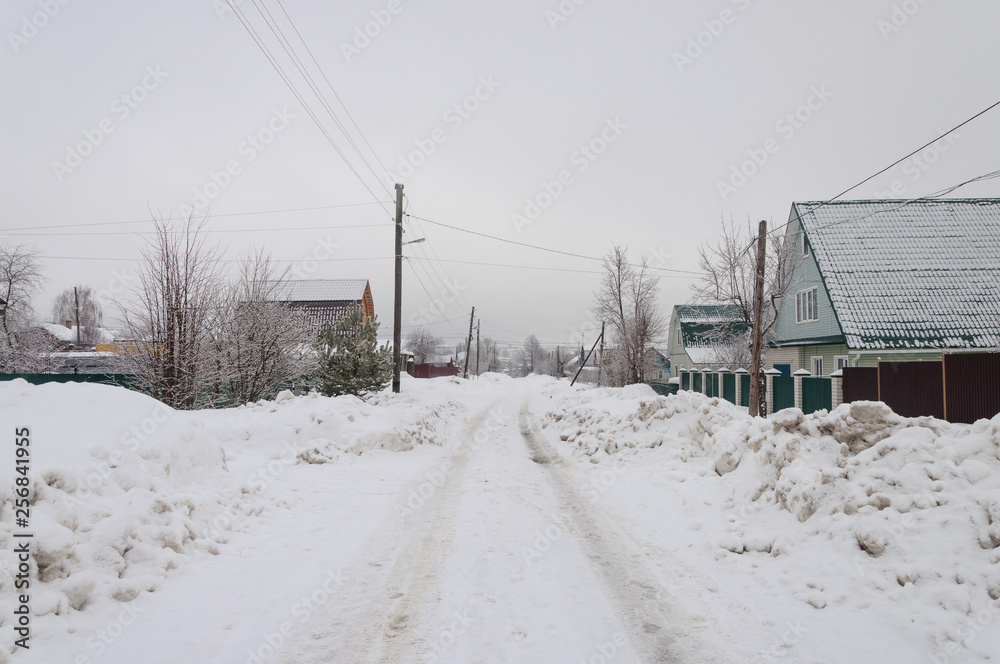 Snowy street in small town