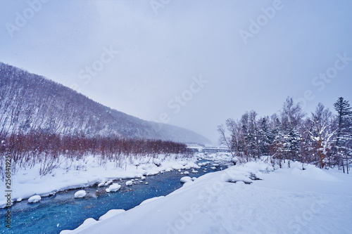 Beautiful landscape winter scenic of Biei river near Shirogane Blue Pond in Biei city, Hokkaido, Japan.