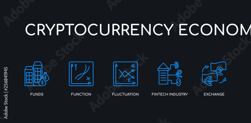 5 outline stroke blue exchange, fintech industry, fluctuation, function, funds icons from cryptocurrency economy collection on black background. line editable linear thin icons.