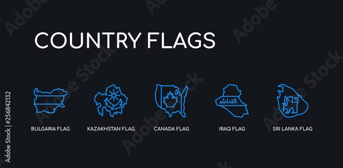 5 outline stroke blue sri lanka flag, iraq flag, canada flag, kazakhstan bulgaria icons from country flags collection on black background. line editable linear thin icons.