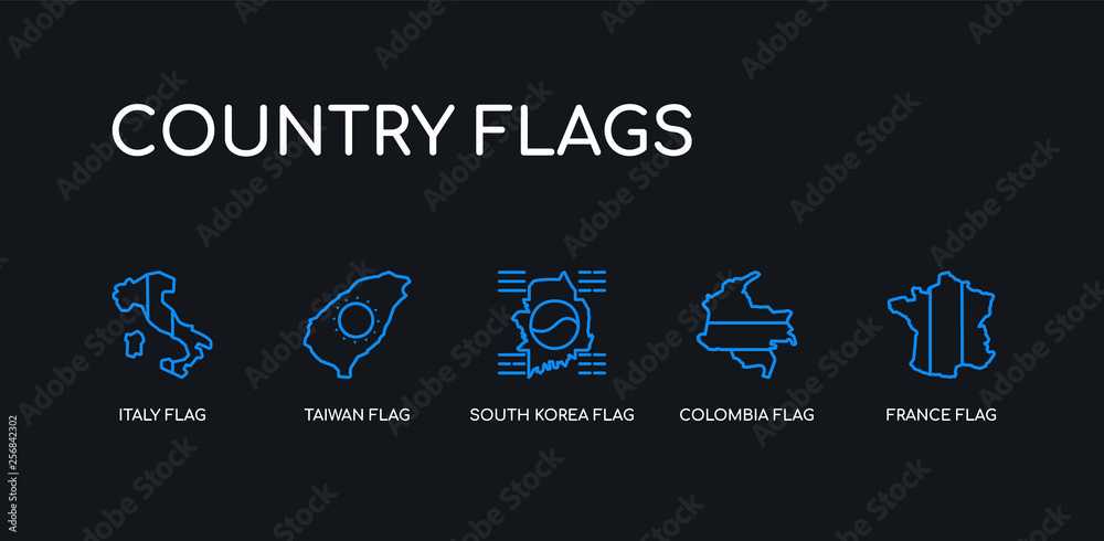 Obraz premium 5 outline stroke blue france flag, colombia flag, south korea flag, taiwan italy icons from country flags collection on black background. line editable linear thin icons.