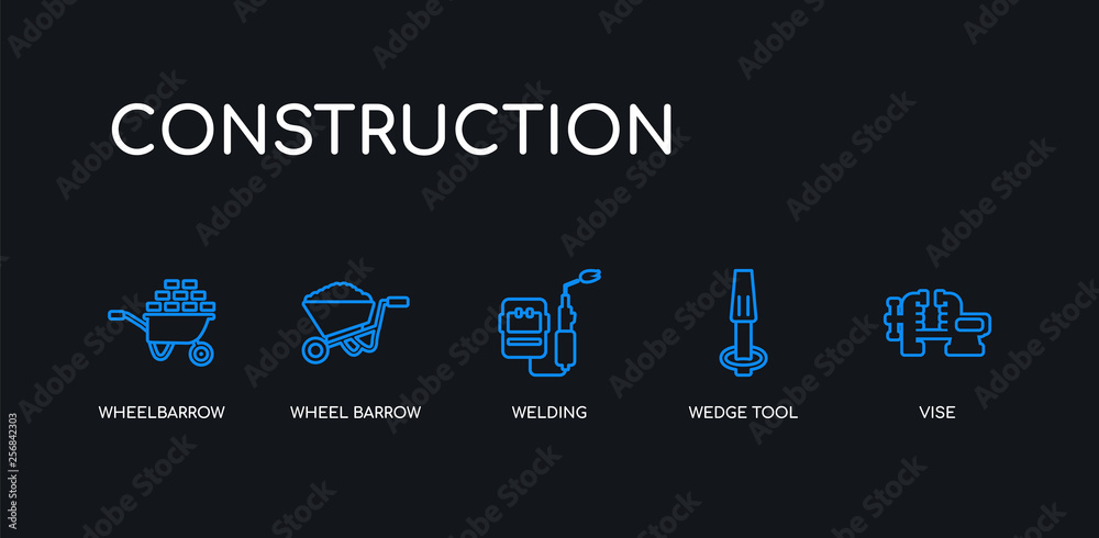 5 outline stroke blue vise, wedge tool, welding, wheel barrow, wheelbarrow icons from construction collection on black background. line editable linear thin icons.
