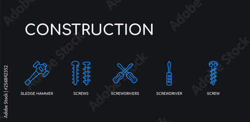 5 outline stroke blue screw  screwdriver  screwdrivers  screws  sledge hammer icons from construction collection on black background. line editable linear thin icons.