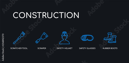 5 outline stroke blue rubber boots, safety glasses, safety helmet, scraper, scratcher tool icons from construction collection on black background. line editable linear thin icons.