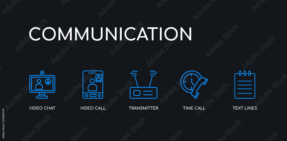 5 outline stroke blue text lines, time call, transmitter, video call ...