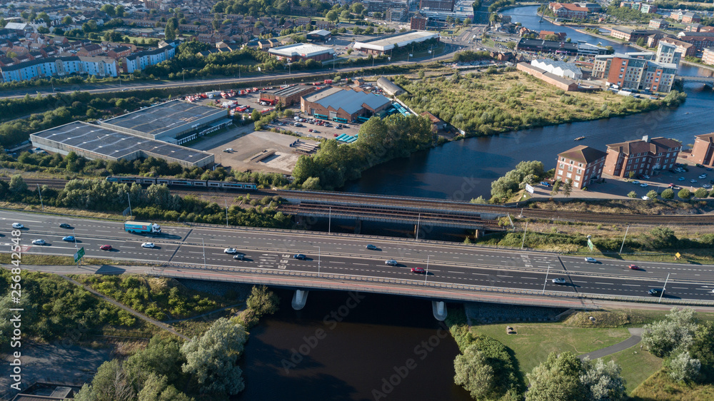 The road bridge that spans the river Tees at thornaby Stockton on tees photos taken by a drone