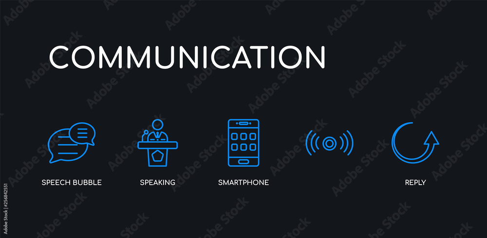 5 outline stroke blue reply,  , smartphone, speaking, speech bubble icons from communication collection on black background. line editable linear thin icons.