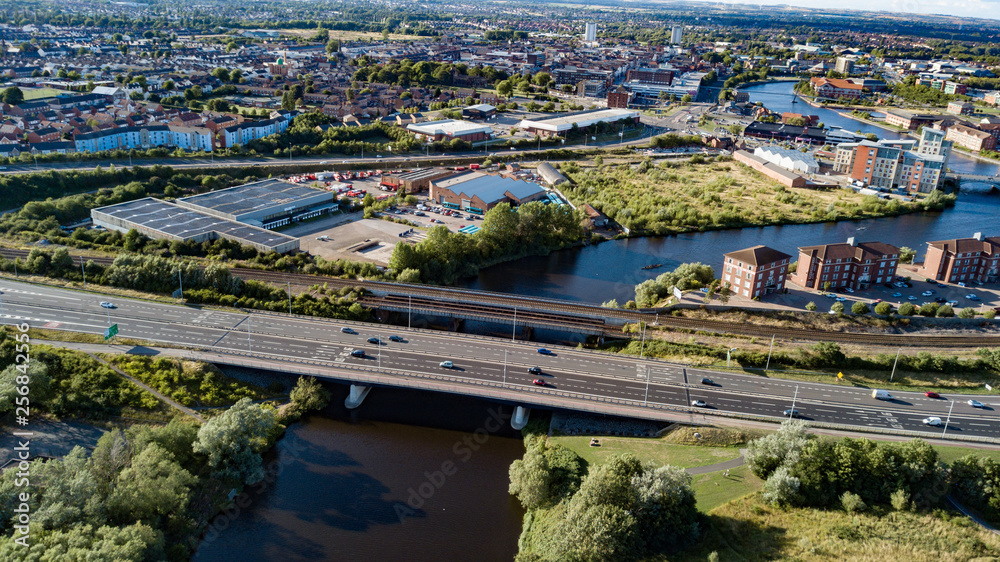 Fototapeta premium The road bridge that spans the river Tees at thornaby Stockton on tees photos taken by a drone
