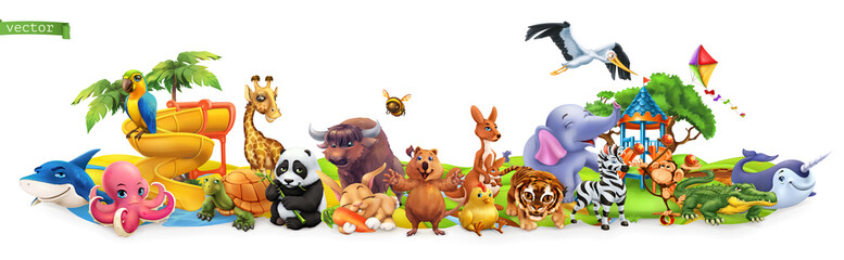 Foto auf Acrylglas Zoo Funny animals. 3d vector panorama. Quokka, shark, turtle, parrot, giraffe, rabbit, zebra, elephant, stork, crocodile, kangaroo, panda. High quality 50mb eps  © Natis