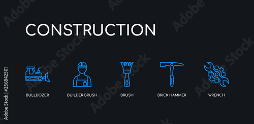 5 outline stroke blue wrench, brick hammer, brush, builder brush, bulldozer icons from construction collection on black background. line editable linear thin icons.