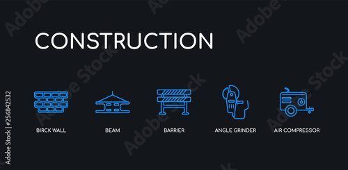 5 outline stroke blue air compressor, angle grinder, barrier, beam, birck wall icons from construction collection on black background. line editable linear thin icons.