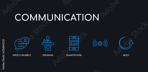 5 outline stroke blue reply, , smartphone, speaking, speech bubble icons from communication collection on black background. line editable linear thin icons.
