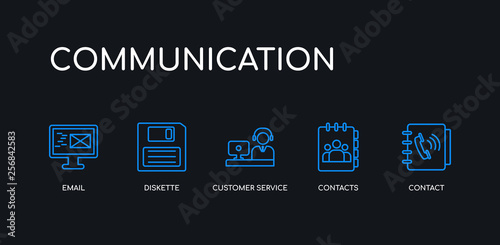 5 outline stroke blue contact, contacts, customer service, diskette, email icons from communication collection on black background. line editable linear thin icons.