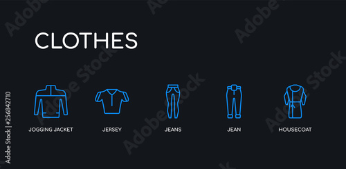 5 outline stroke blue housecoat, jean, jeans, jersey, jogging jacket icons from clothes collection on black background. line editable linear thin icons.
