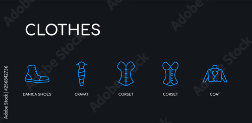 5 outline stroke blue coat, corset, corset, cravat, danica shoes icons from clothes collection on black background. line editable linear thin icons.