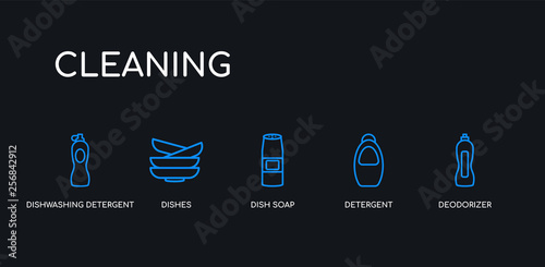 5 outline stroke blue deodorizer, detergent, dish soap, dishes, dishwashing detergent icons from cleaning collection on black background. line editable linear thin icons.