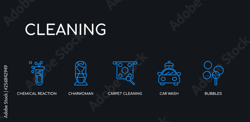5 outline stroke blue bubbles, car wash, carpet cleaning, charwoman, chemical reaction icons from cleaning collection on black background. line editable linear thin icons.